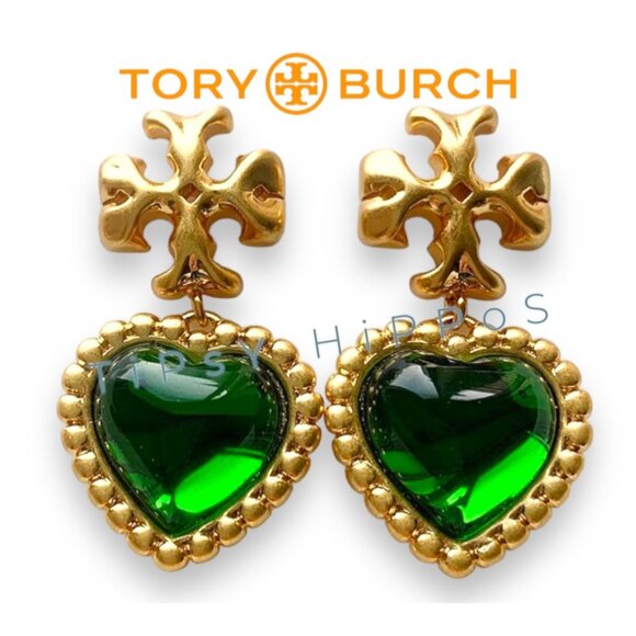 Tory Burch Jewelry - Tory Burch Gold & Green Heart Earrings